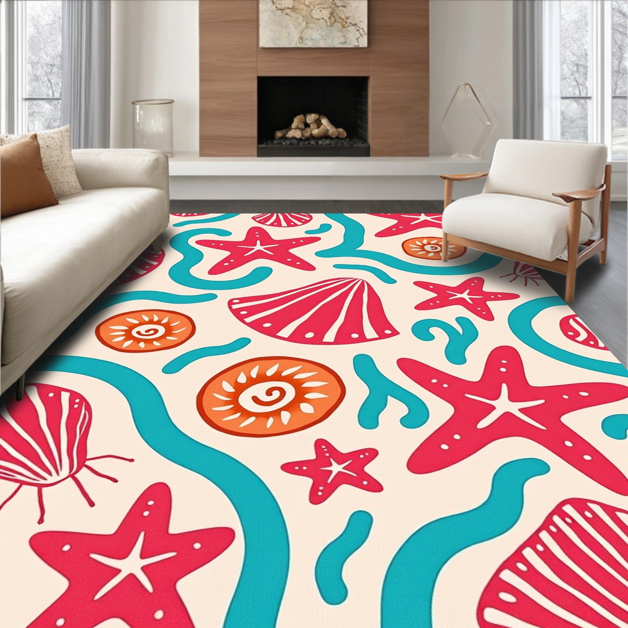 Coral Red Starfish Seashell Splash Rug