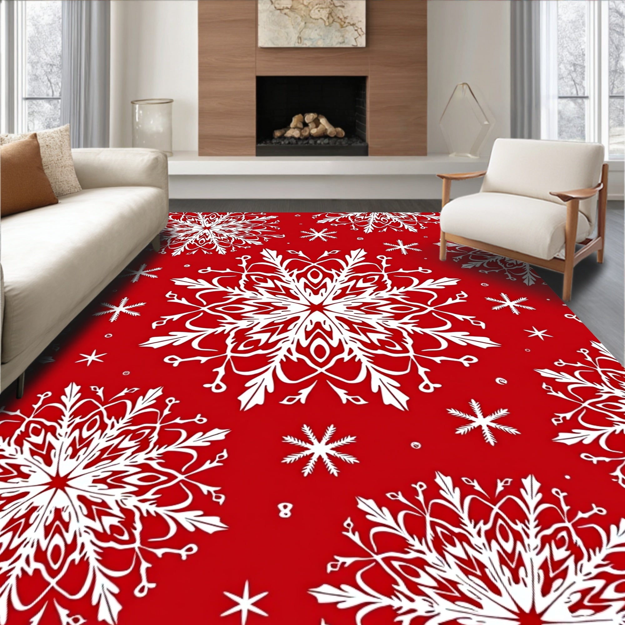 Red White Snowflake Medallion Medley Rug