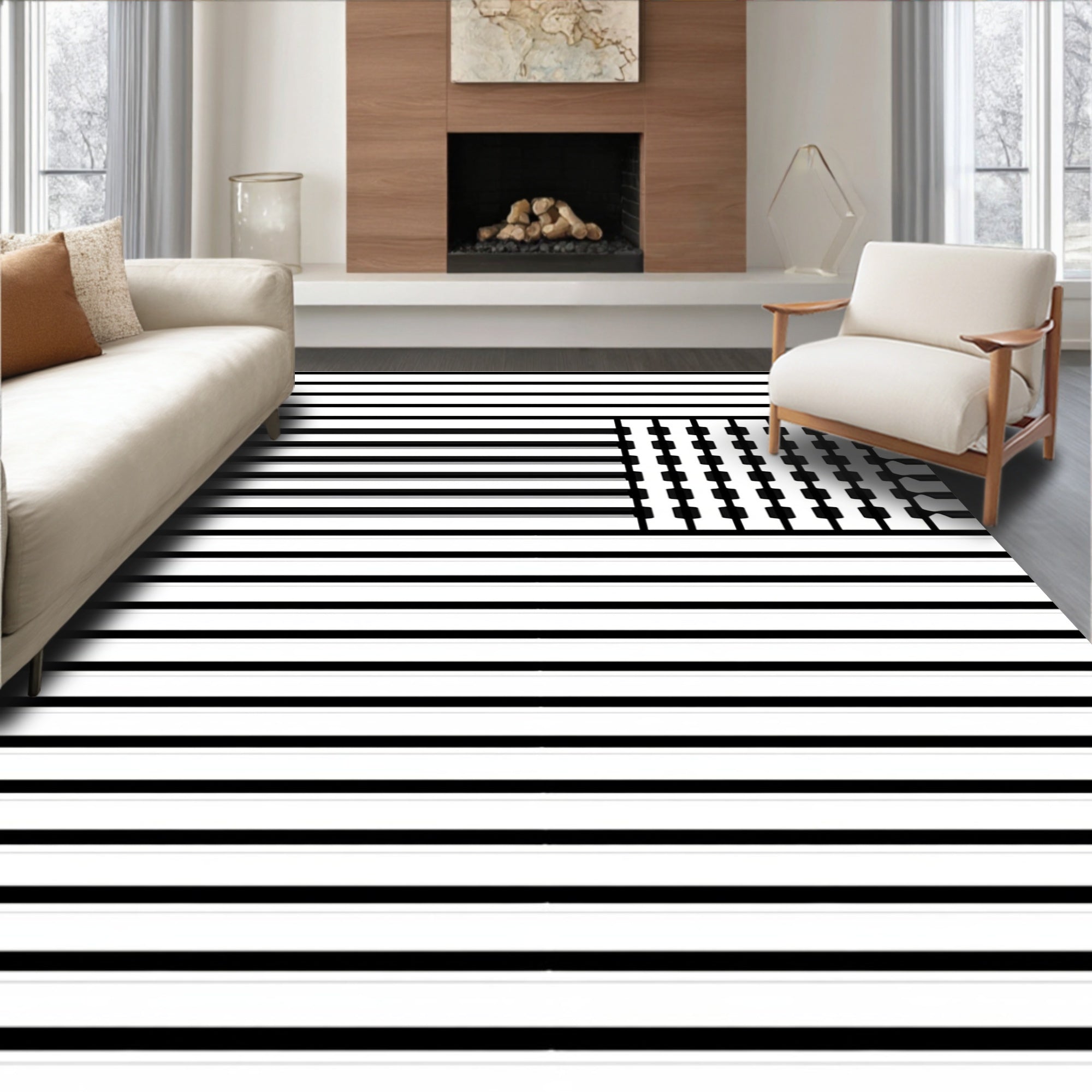 Modern Black White Stripe Field Rug