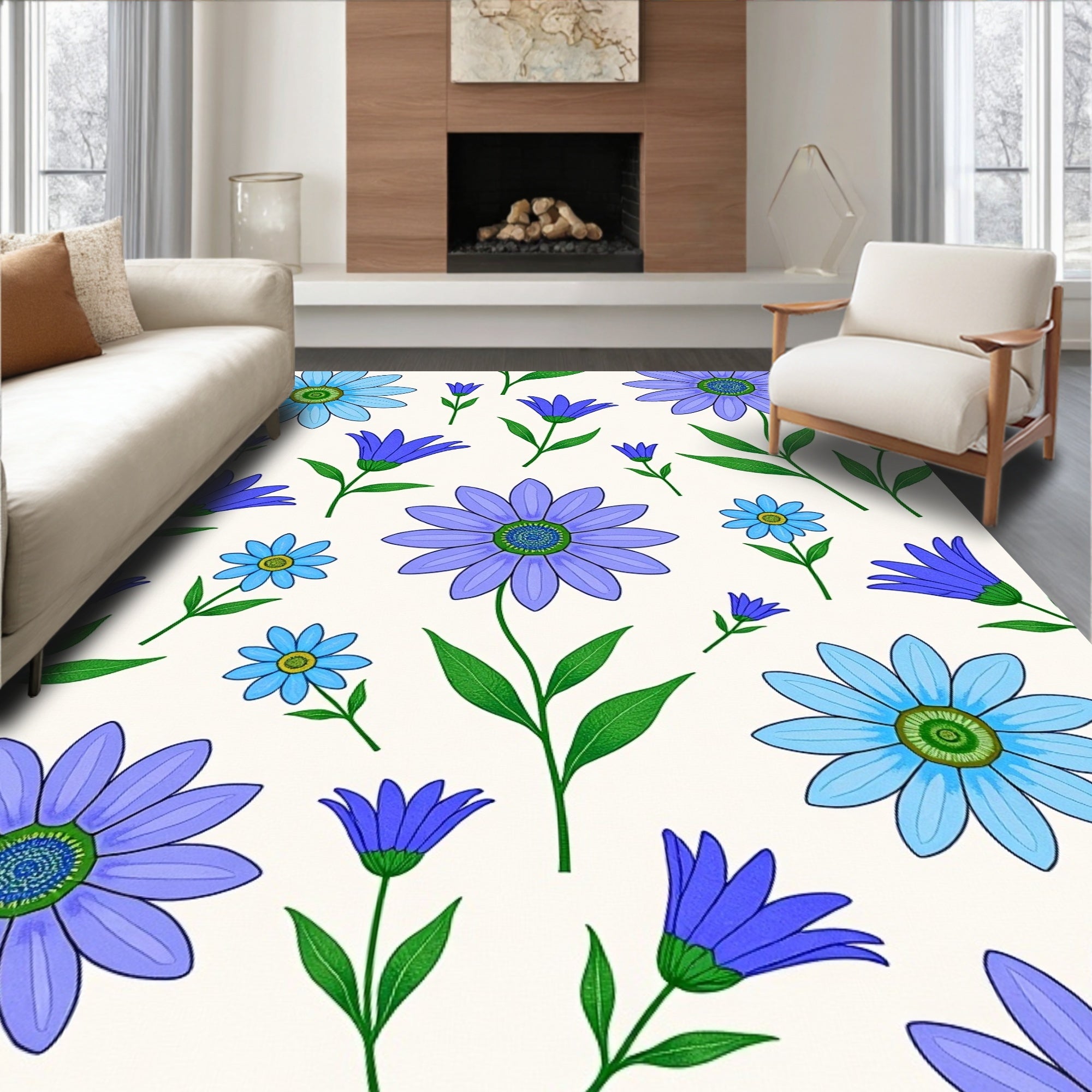Vibrant Blue Violet Daisy Garden Rug