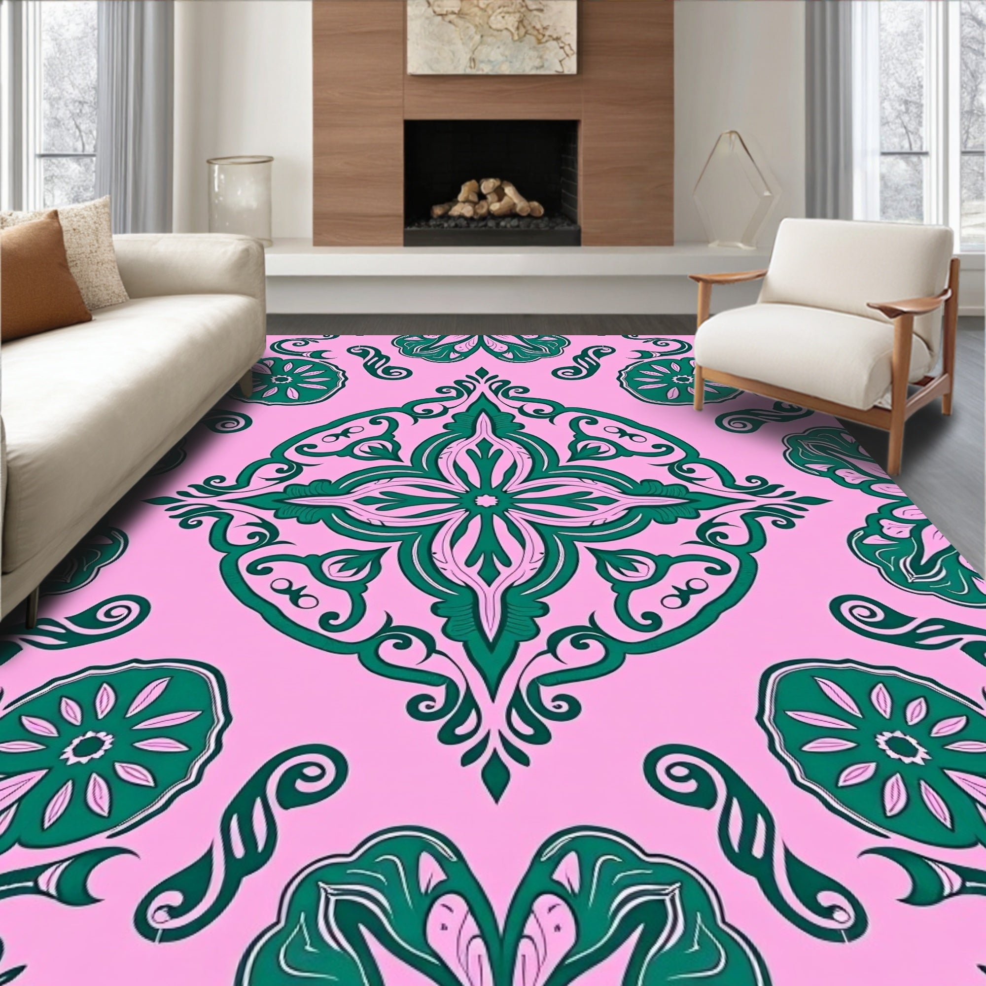 Elegant Pink Emerald Floral Scroll Rug
