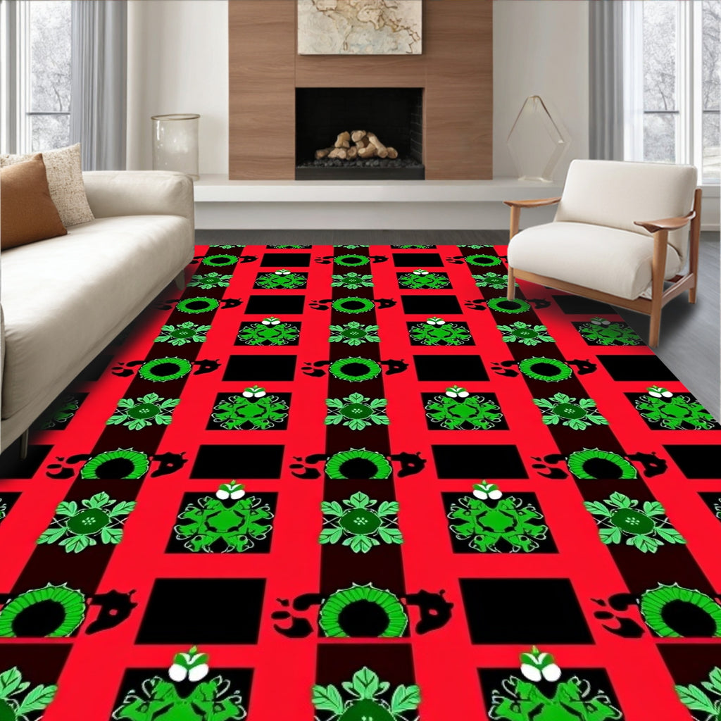 Vibrant green floral motifs on red plaid Rug