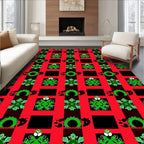 Vibrant green floral motifs on red plaid Rug