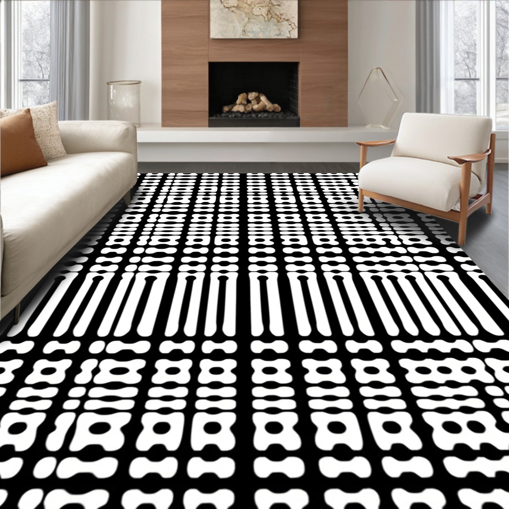 Abstract Black White Geometric Grid Rug