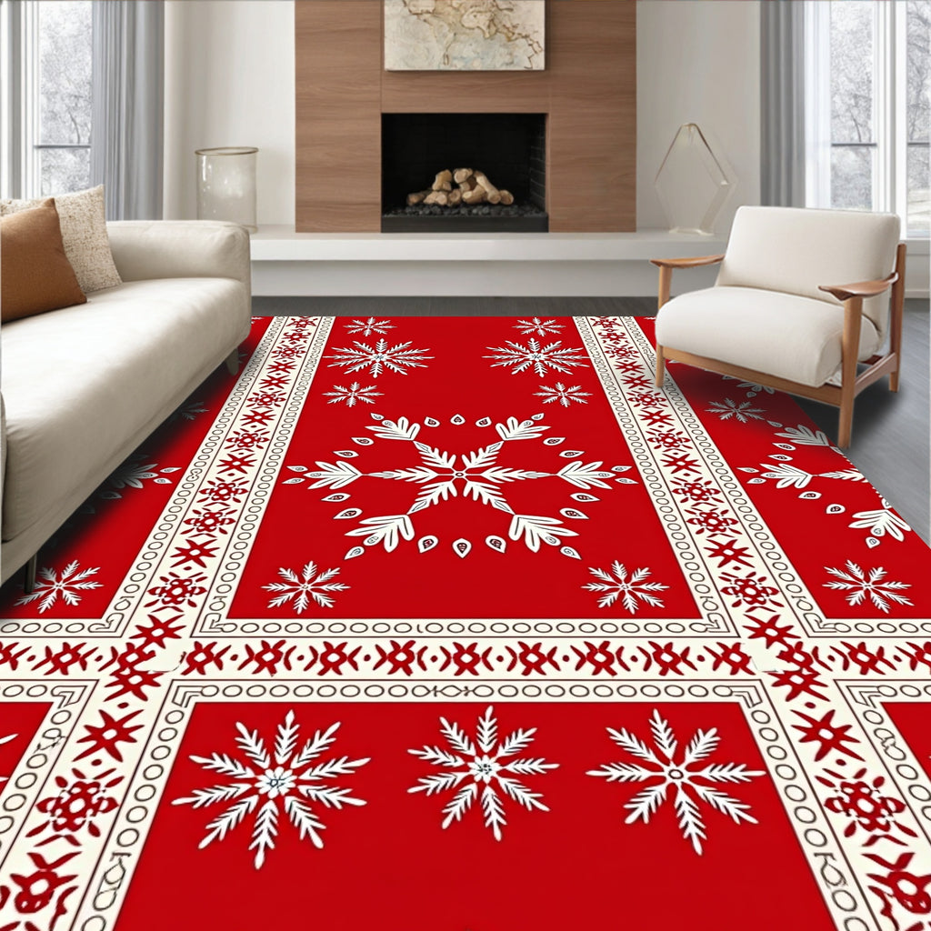 Classic Red White Snowflake Border Rug