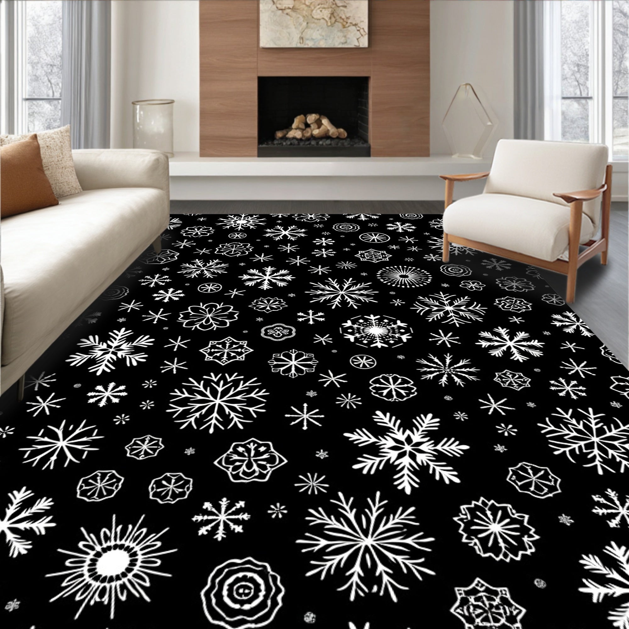 Black White Snowflake Collage Rug