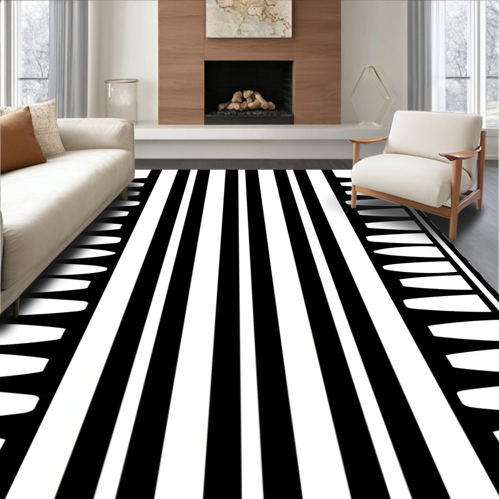 Bold Black White Vertical Stripe Border Rug