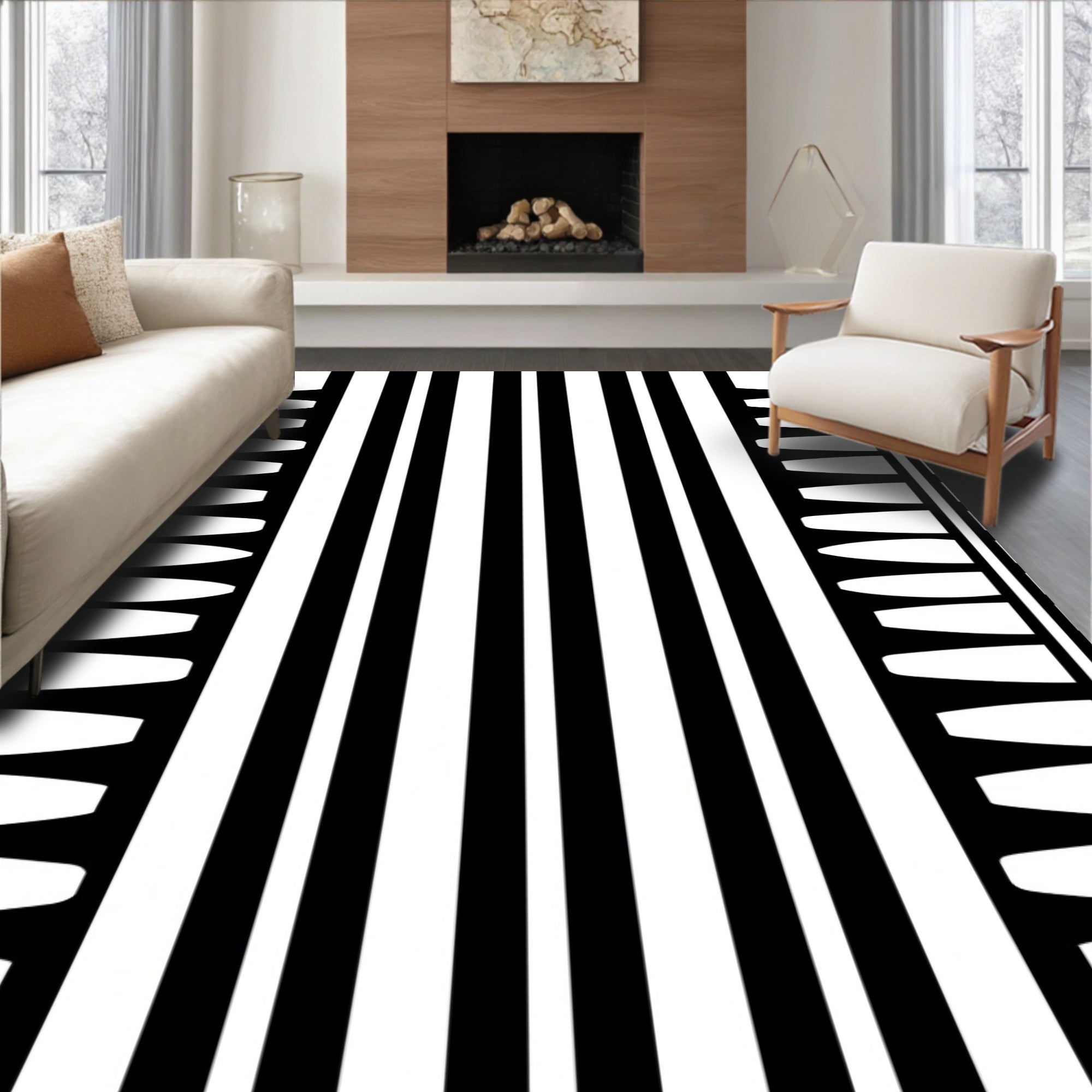 Bold Black White Vertical Stripe Border Rug
