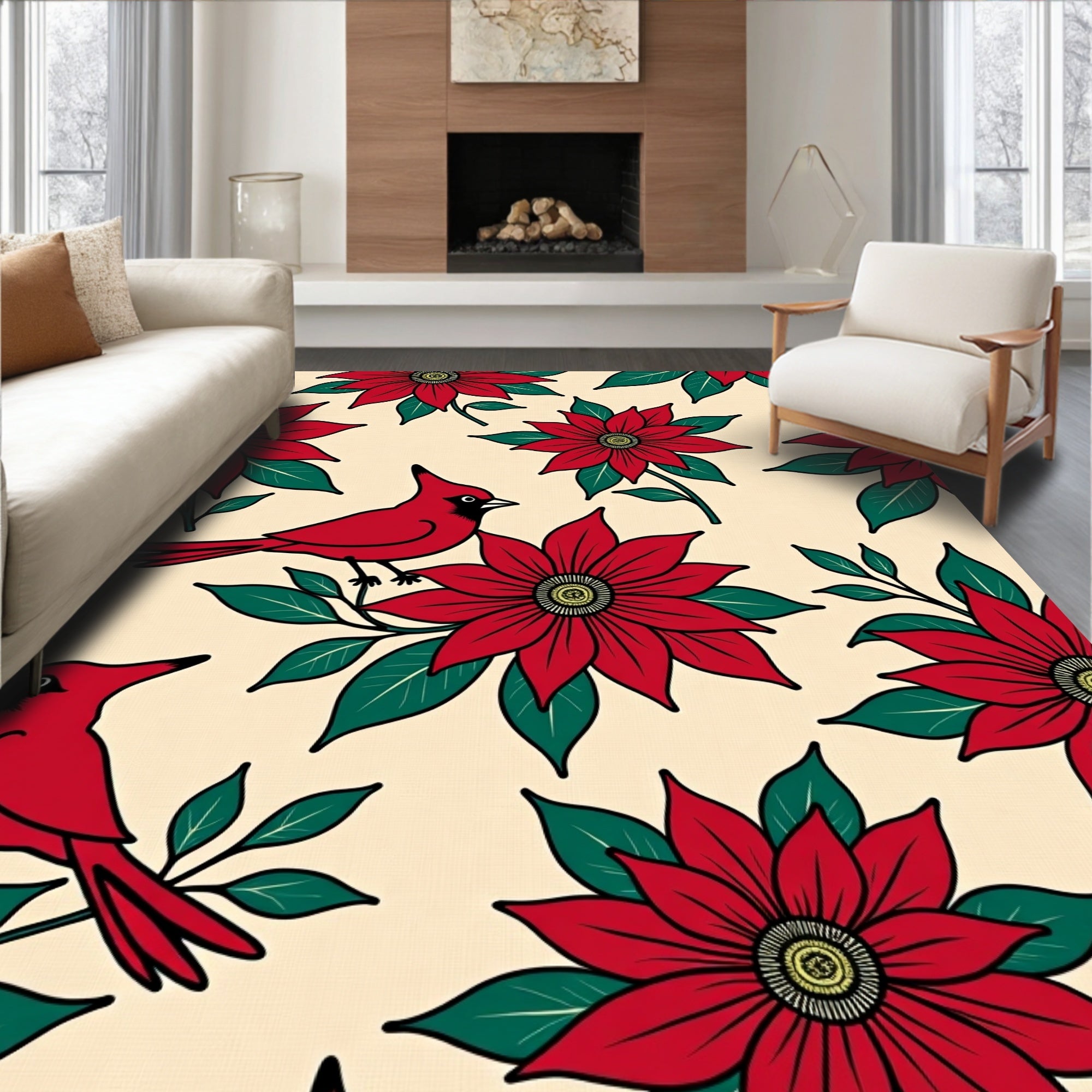 Crimson Cardinal Floral Arrangement Rug