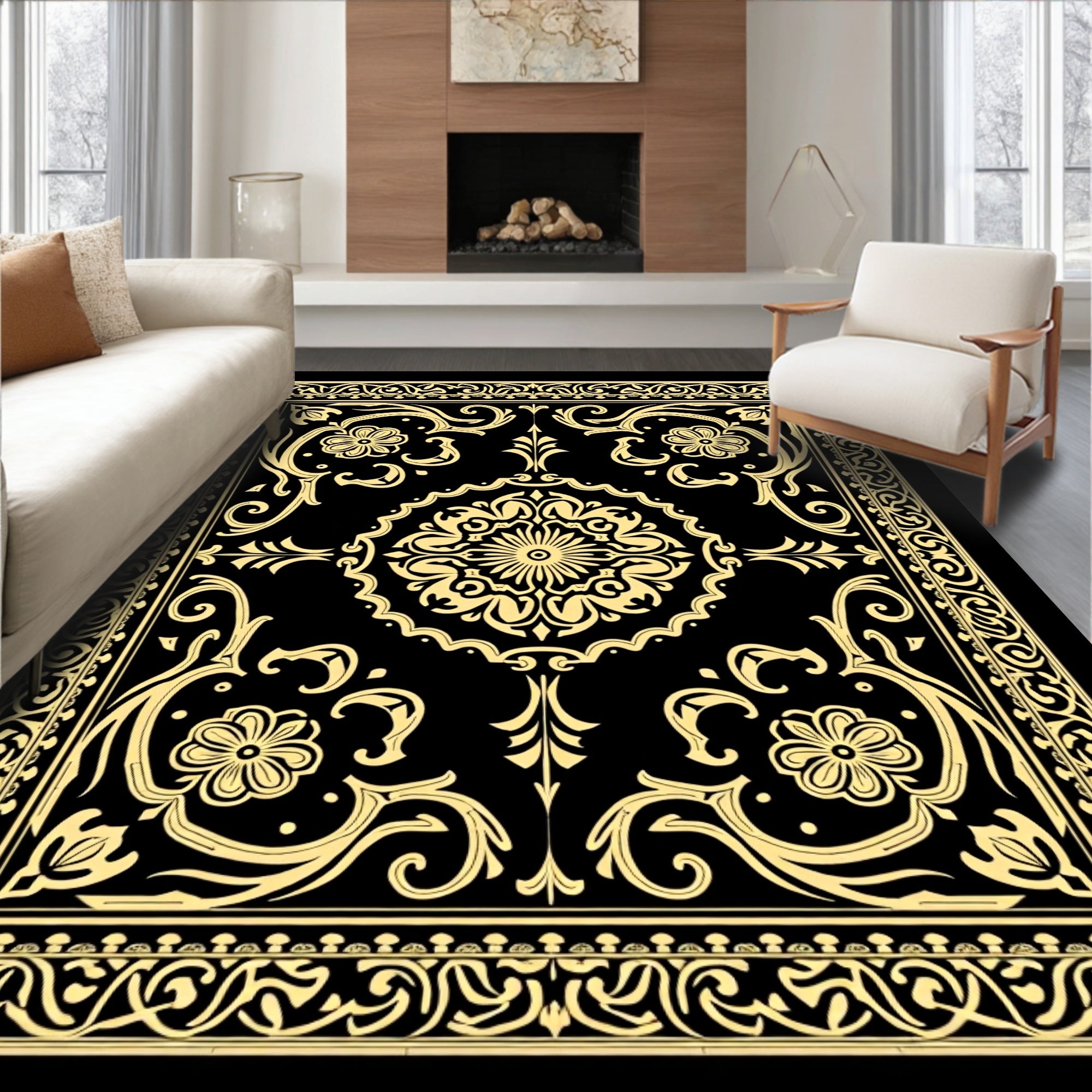 Black Gold Floral Medallion Border Rug