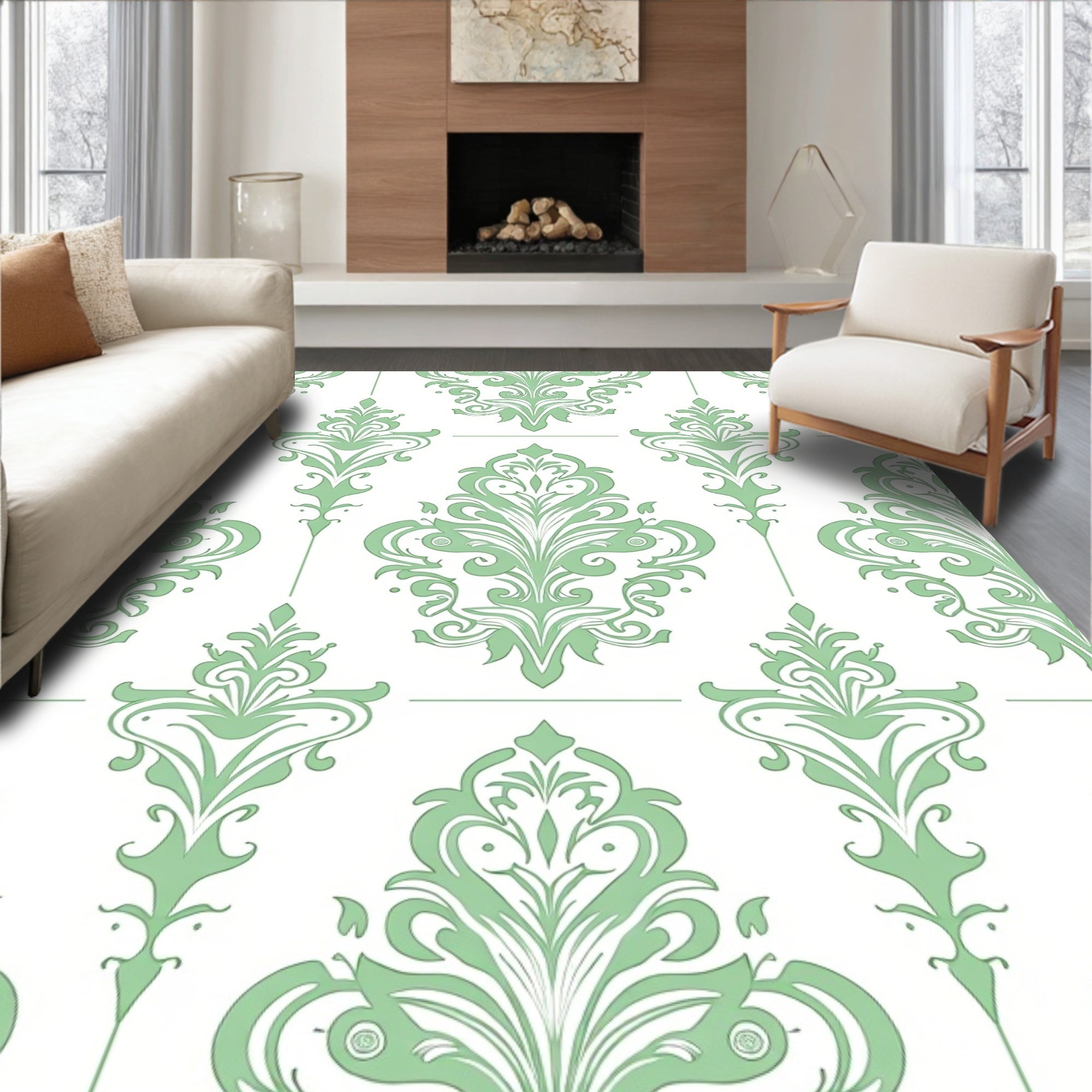 Sage Green Damask Scroll Rug