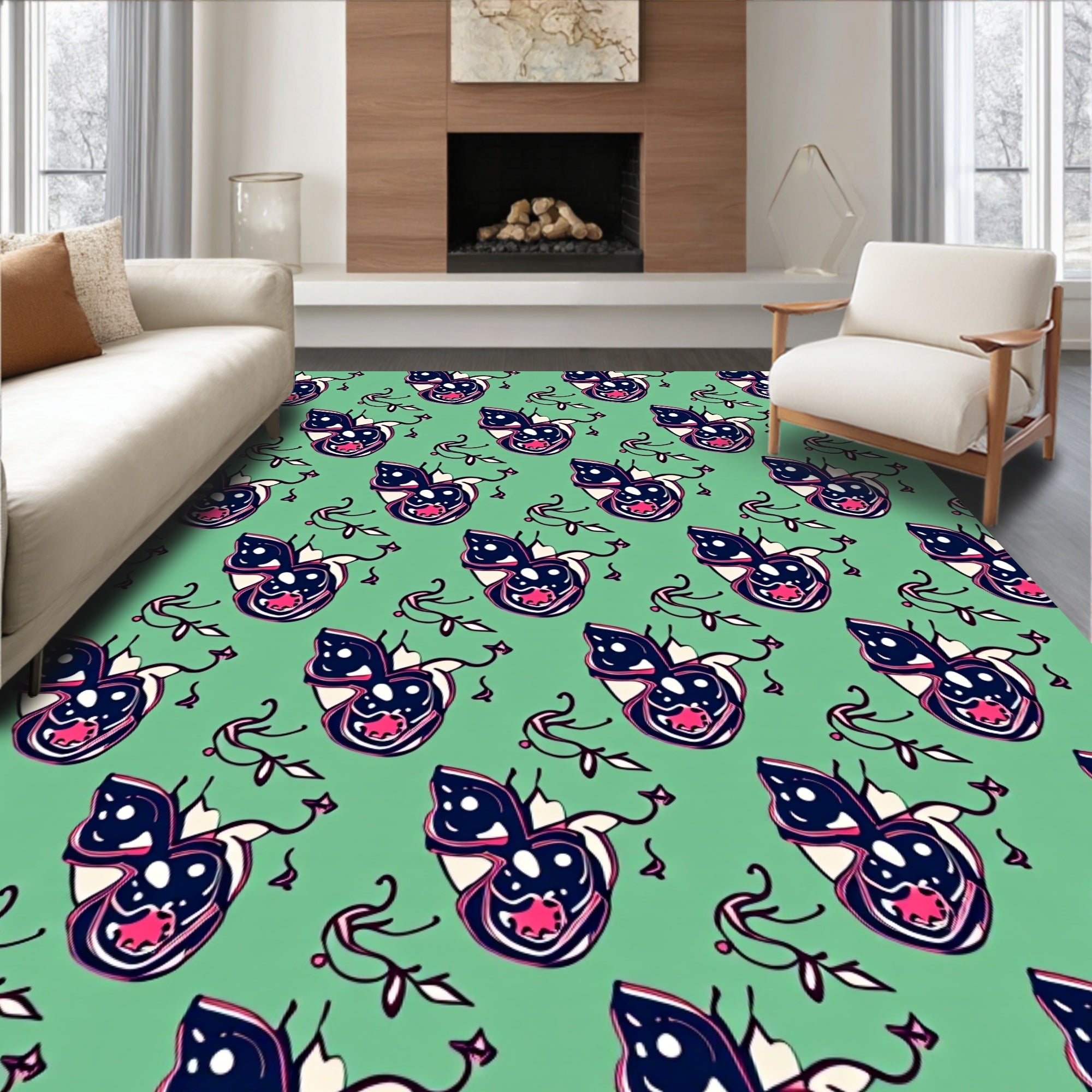 Whimsical Cat Faces Mint Green Rug