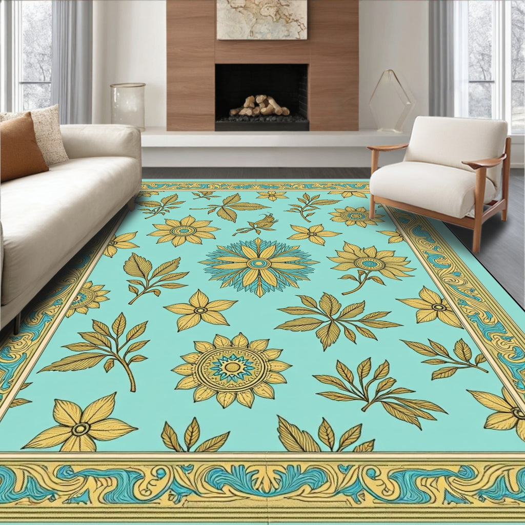 Light Blue Golden Floral Bird Border Rug