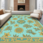 Light Blue Golden Floral Bird Border Rug