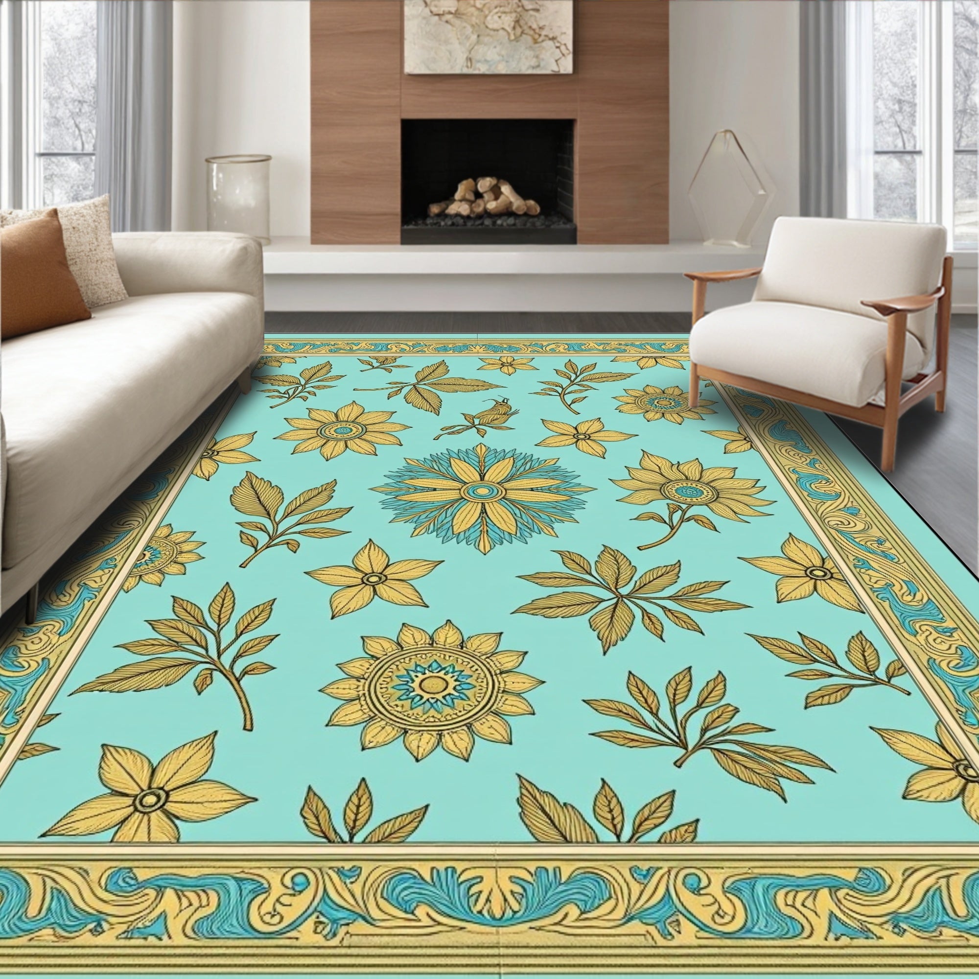 Light Blue Golden Floral Bird Border Rug