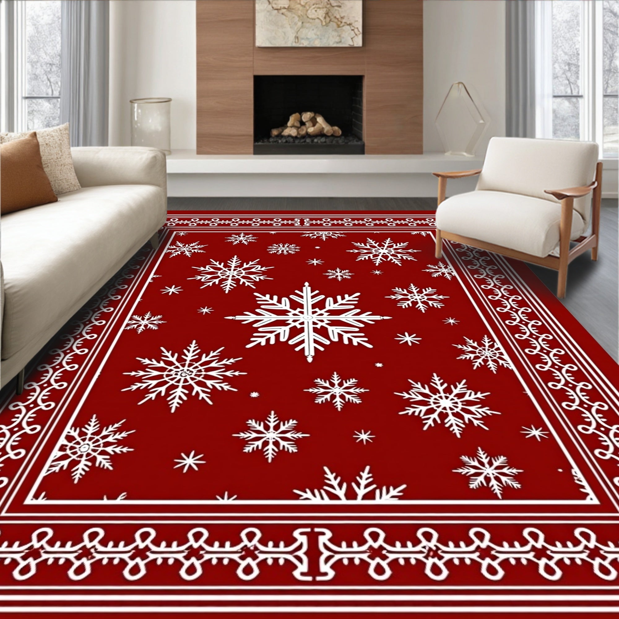 Red White Snowflake Bordered Rug