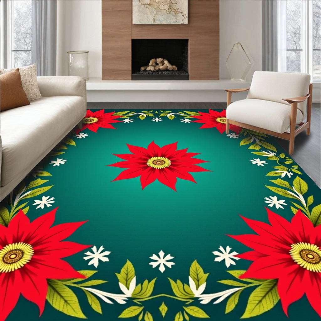 Vibrant Red Floral Garland Teal Rug