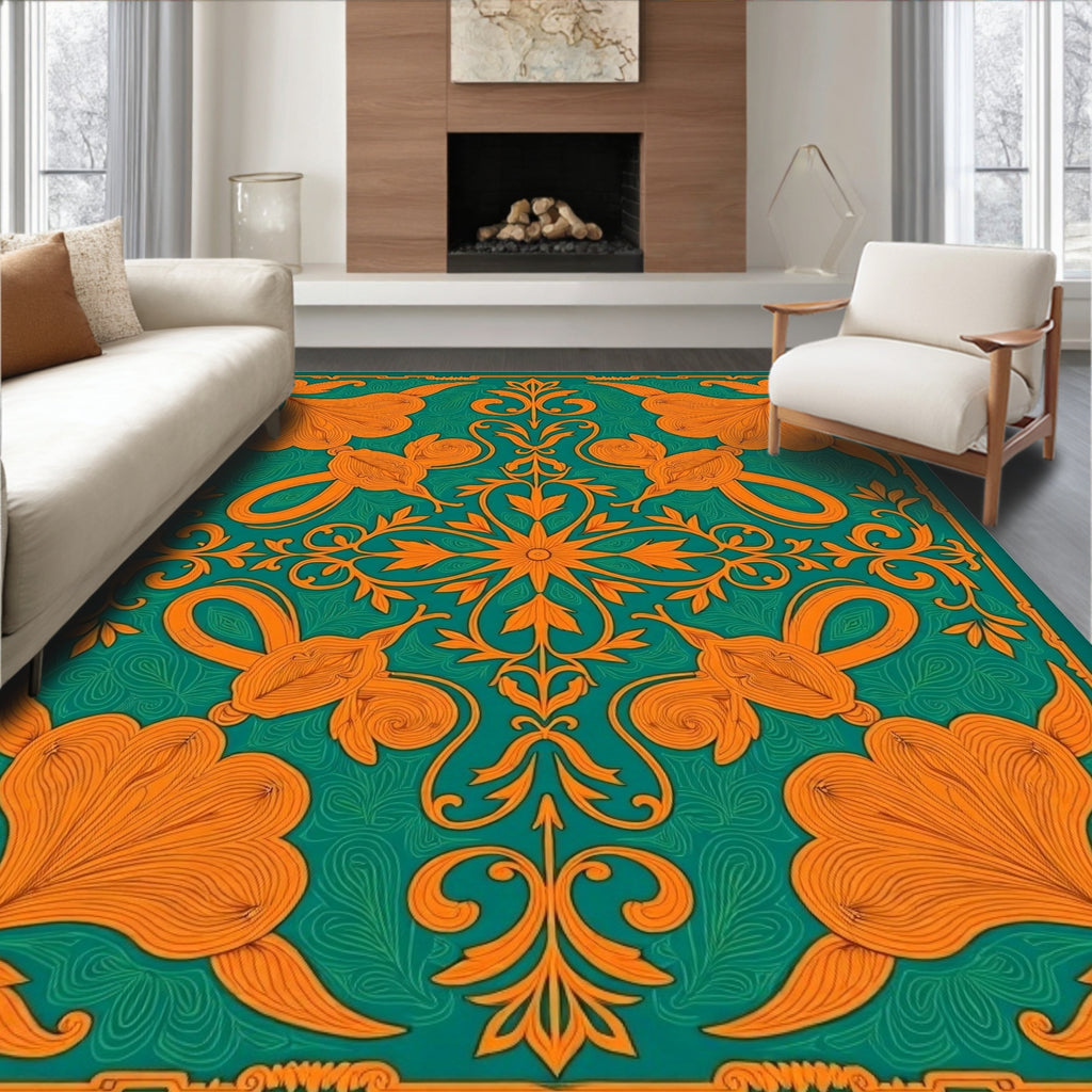 Orange Floral Medallion Green Background Rug