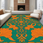 Orange Floral Medallion Green Background Rug