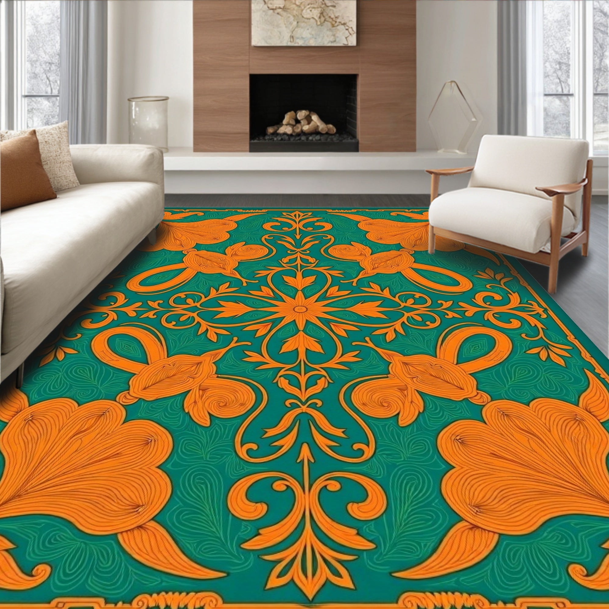 Orange Floral Medallion Green Background Rug