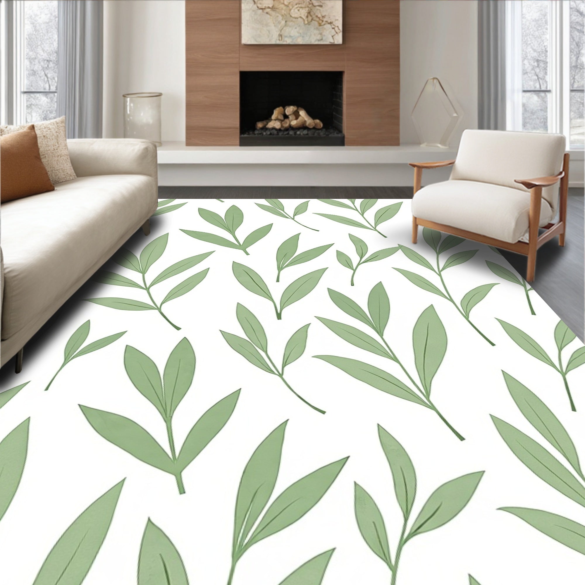 Soft Sage Green Botanical Branches Rug