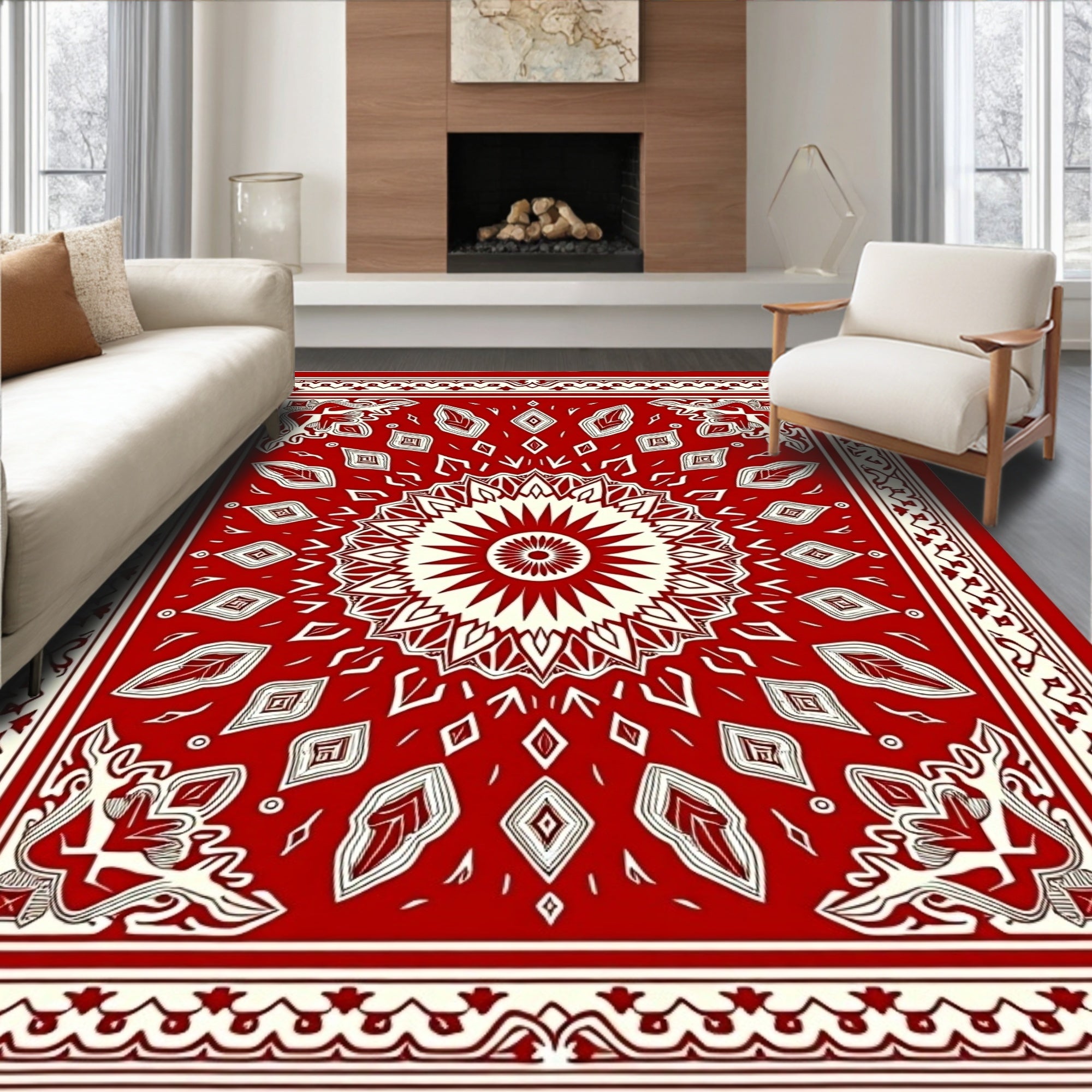 Crimson Floral Sunburst Medallion Rug