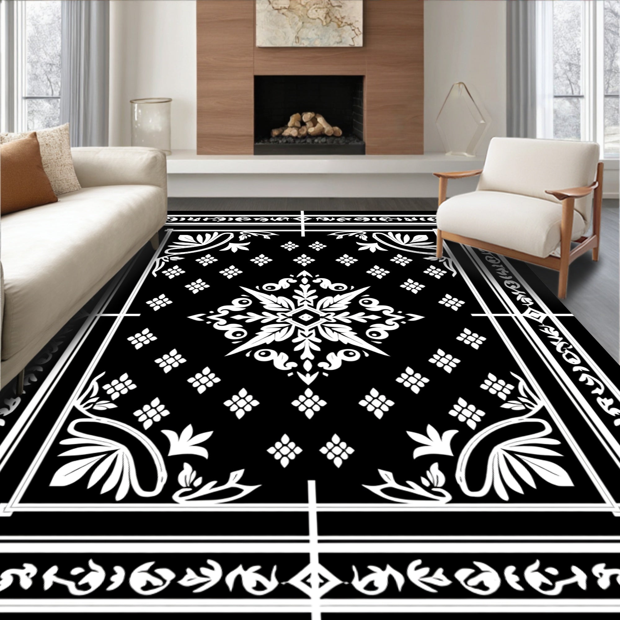 Ornate Black White Floral Square Rug