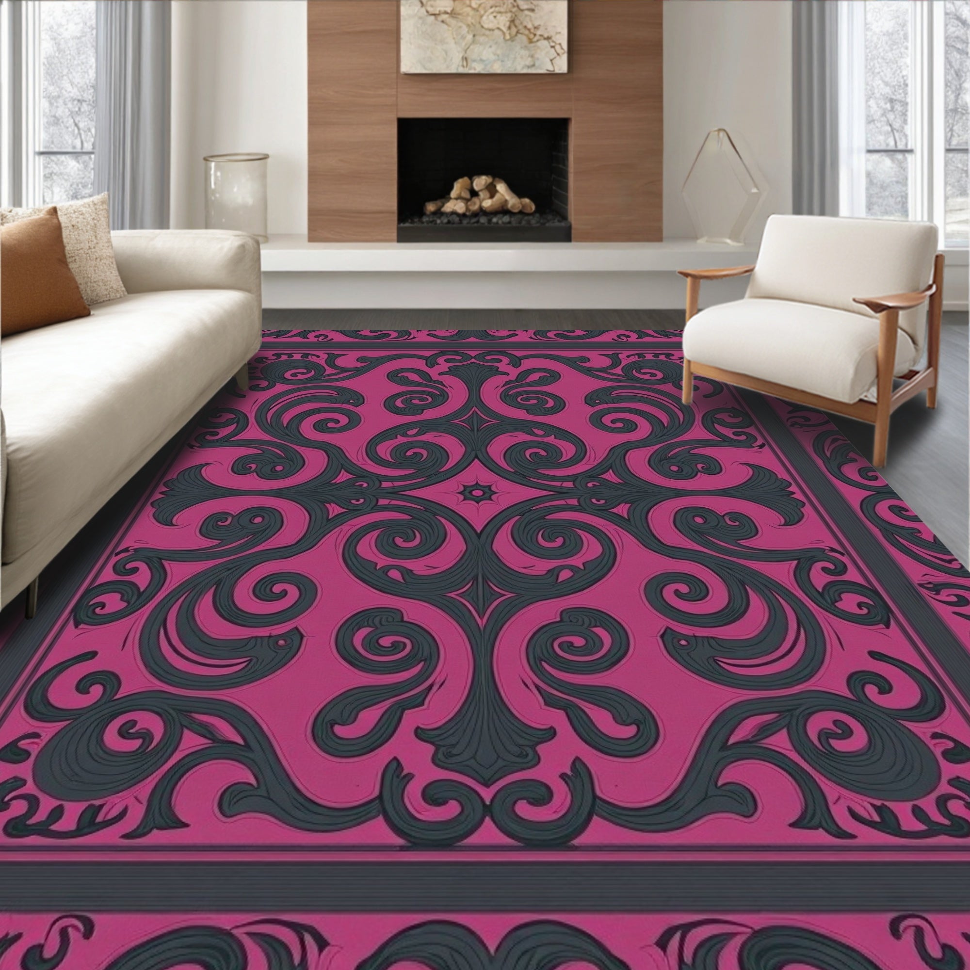 Ornate Magenta Swirl Scrollwork Rug