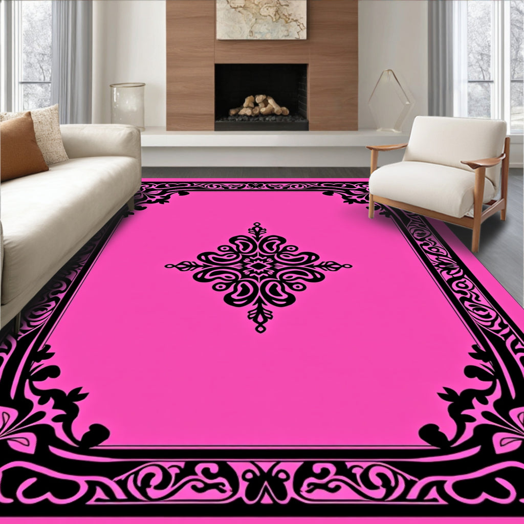 Hot Pink Black Arabesque Floral Rug