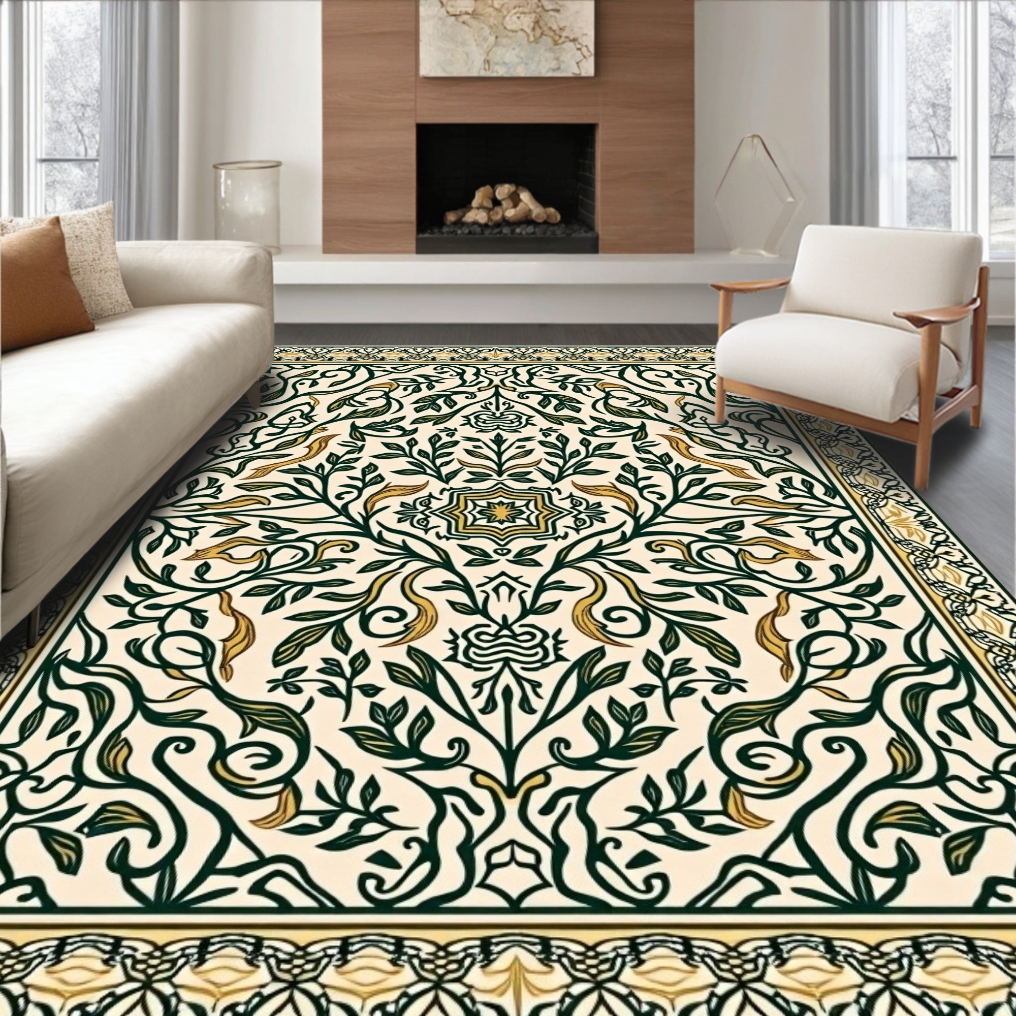Elegant Cream Green Floral Vine Rug