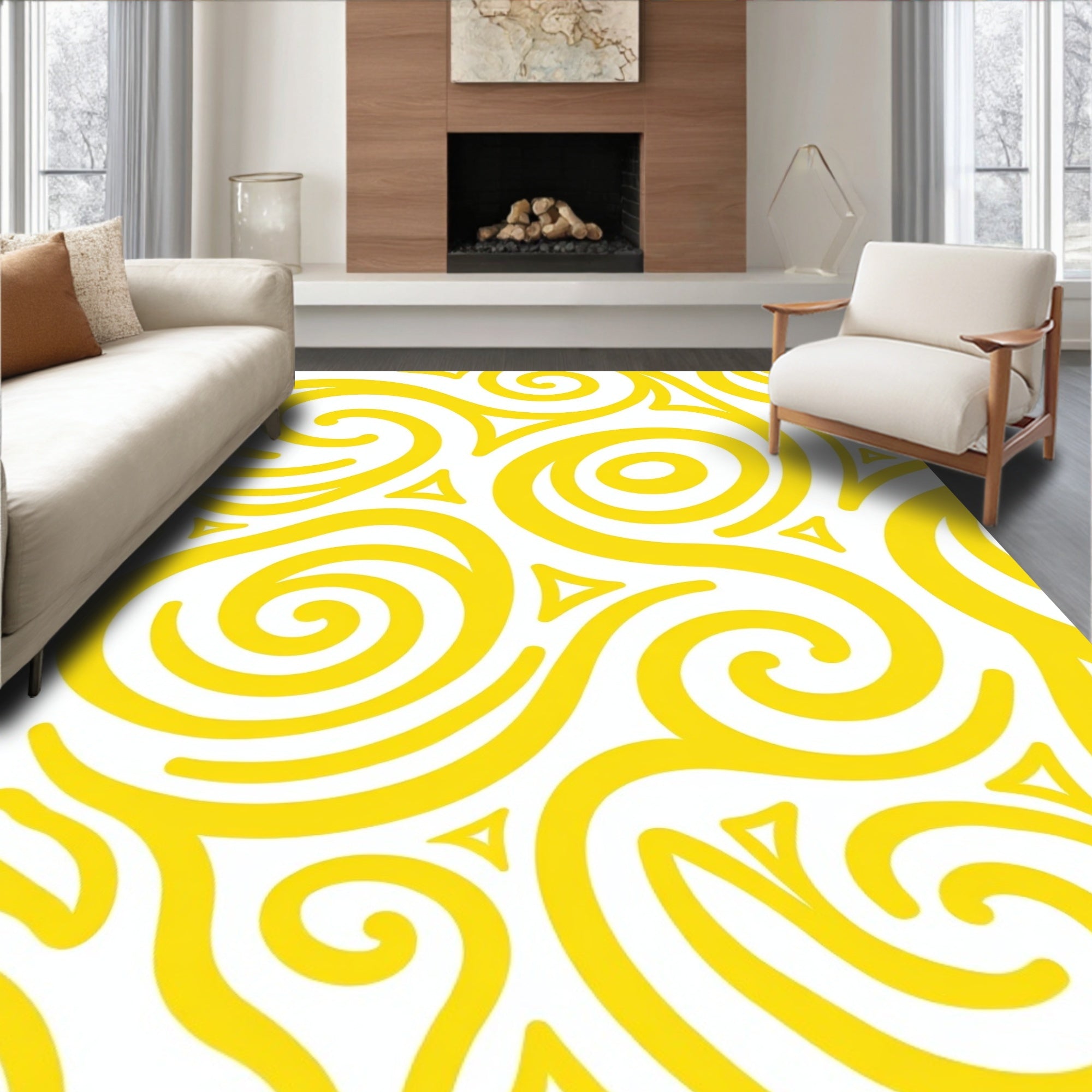 Bright Yellow Swirls Abstract Art Rug