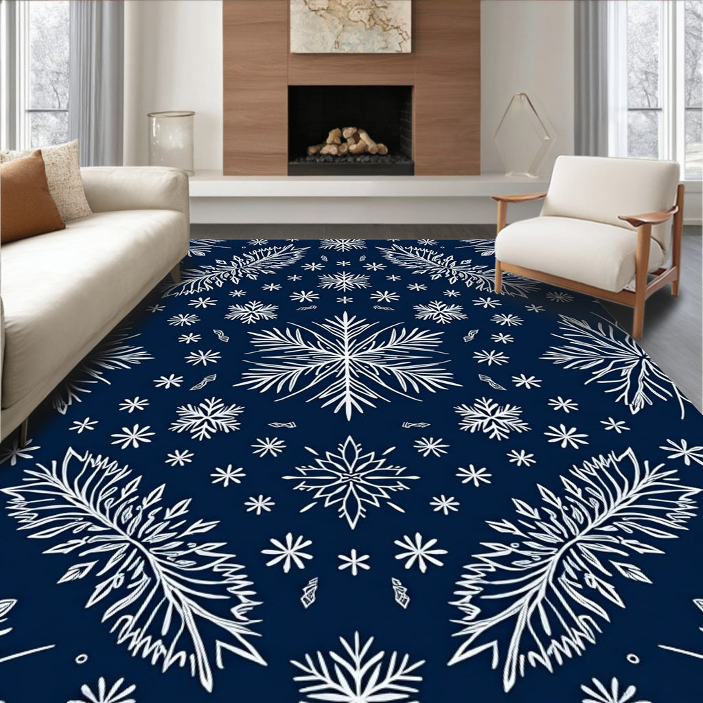 Navy White Snowflake Foliage Medallion Rug