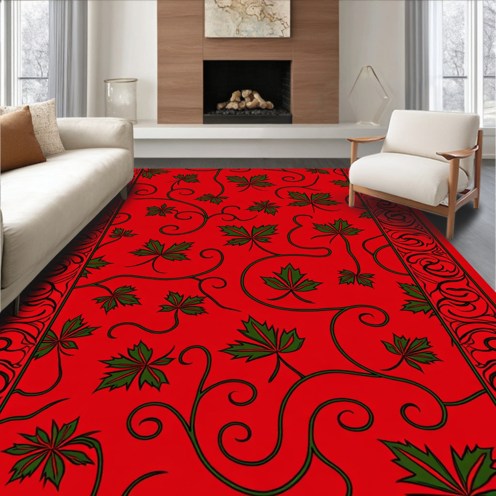 Crimson Green Leaf Vine Border Rug