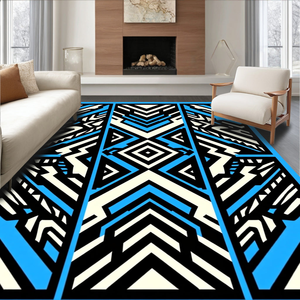 Bold Blue Ivory Geometric Blocks Rug