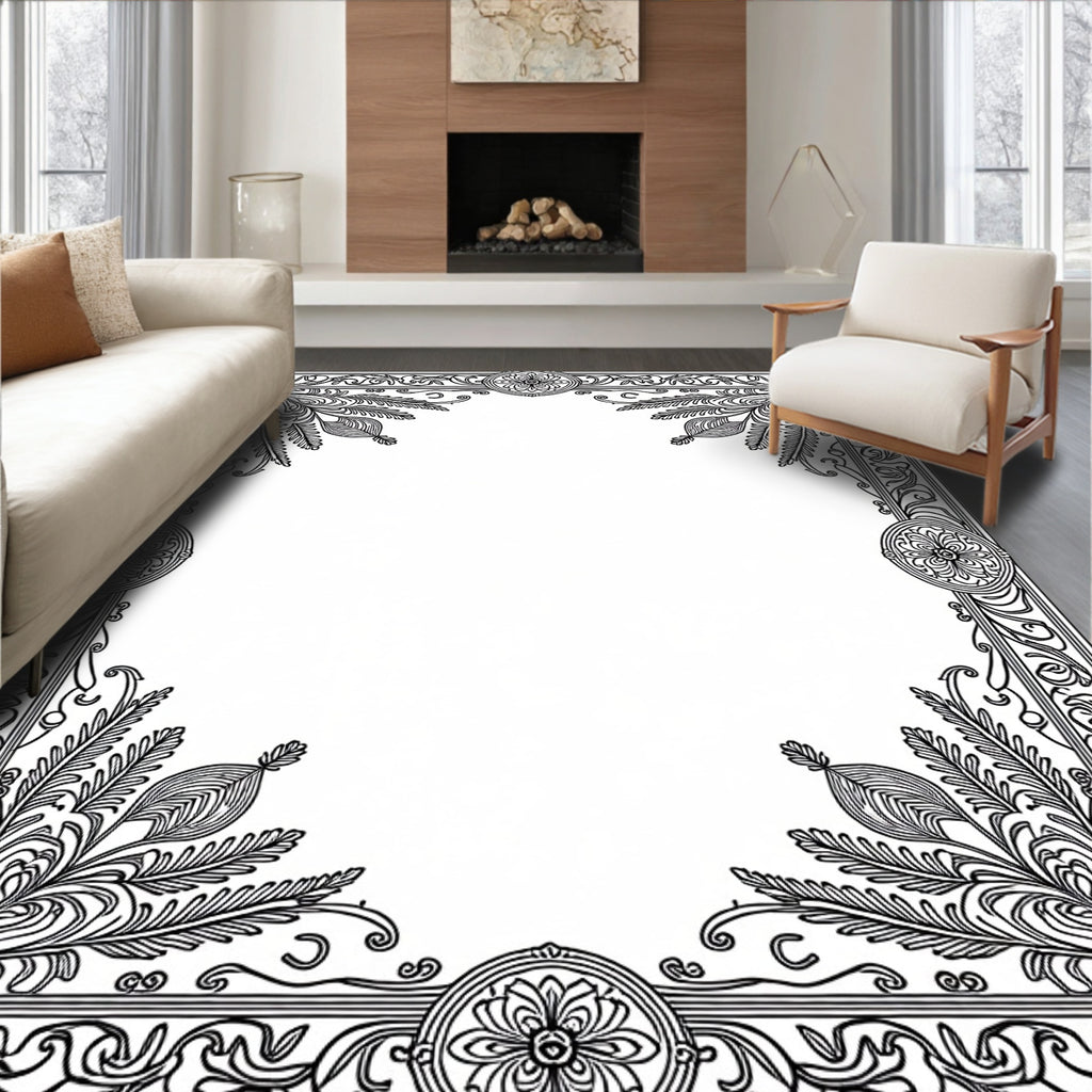 Ornate Black Scrollwork Floral Border Rug