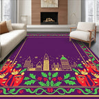 Purple Floral Whimsical Cityscape Cat Rug