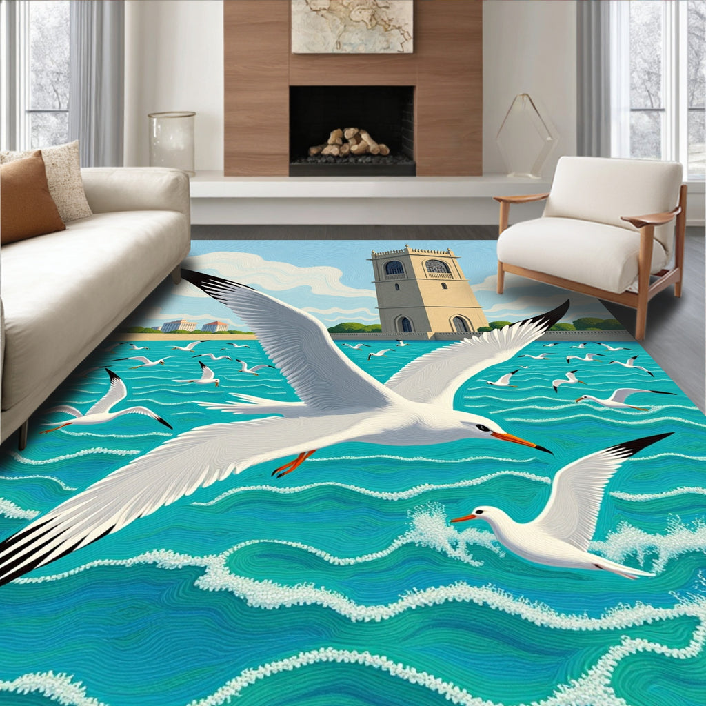 Coastal Seagulls Over Teal Waves Rug