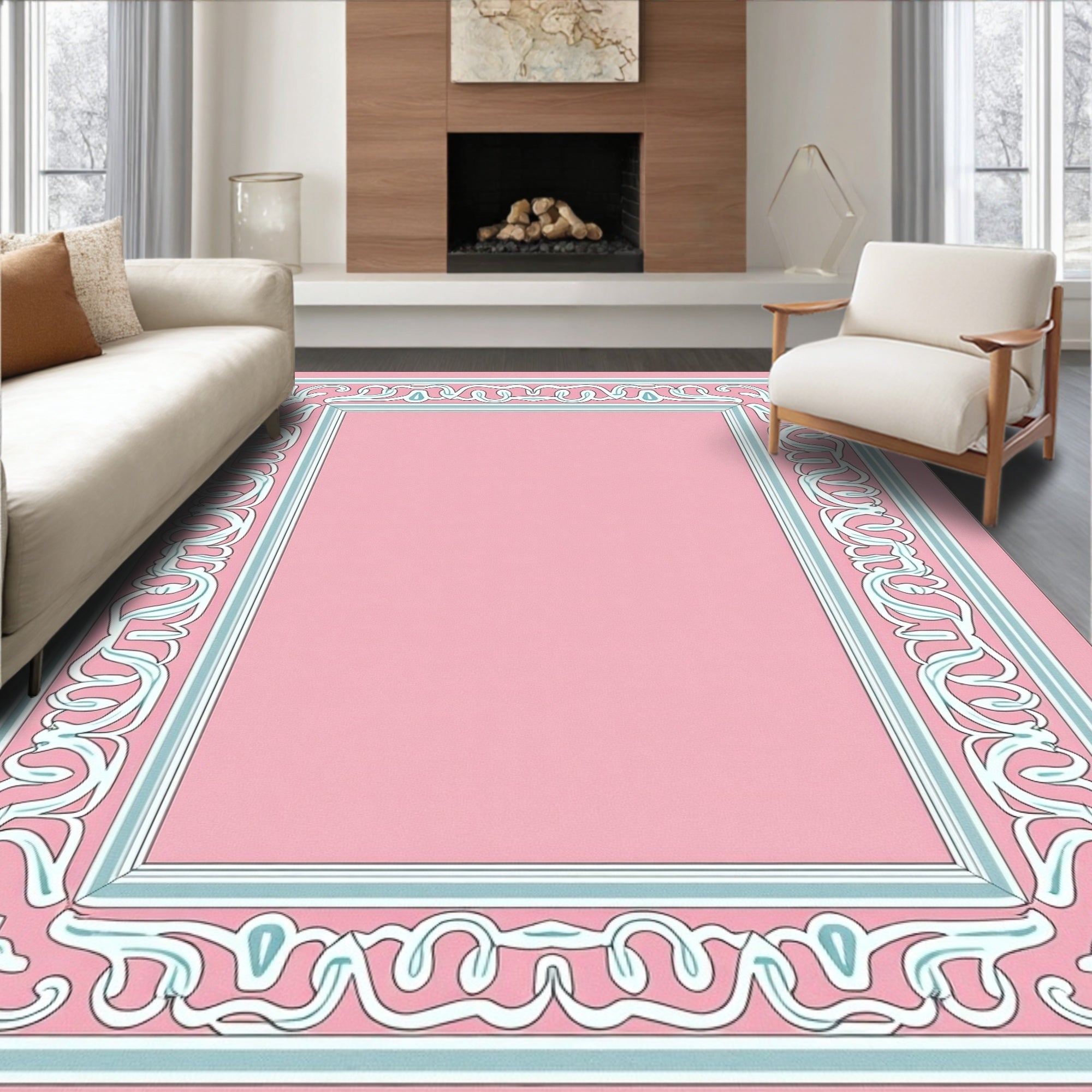 Elegant Pink Blue Scroll Border Rug