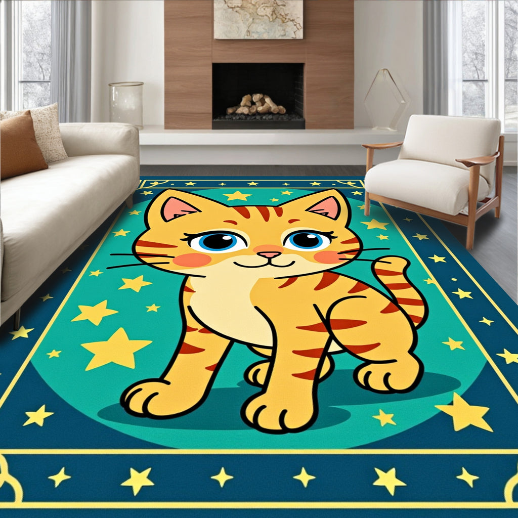 Whimsical Orange Cat Starry Night Rug
