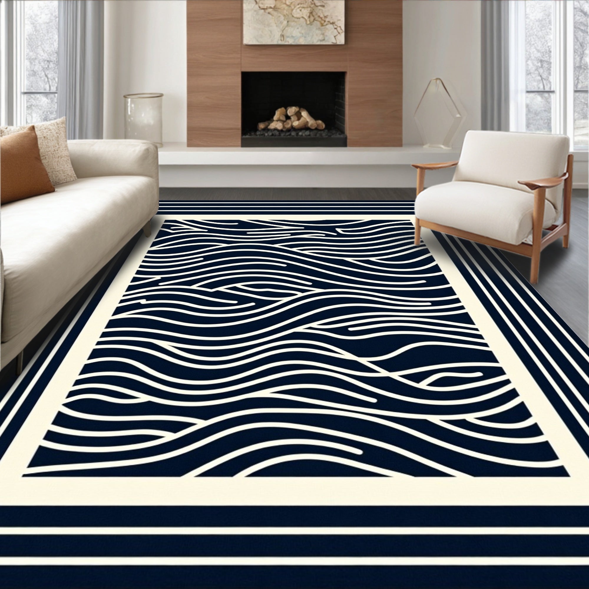 Navy Cream Wavy Lines Border Rug
