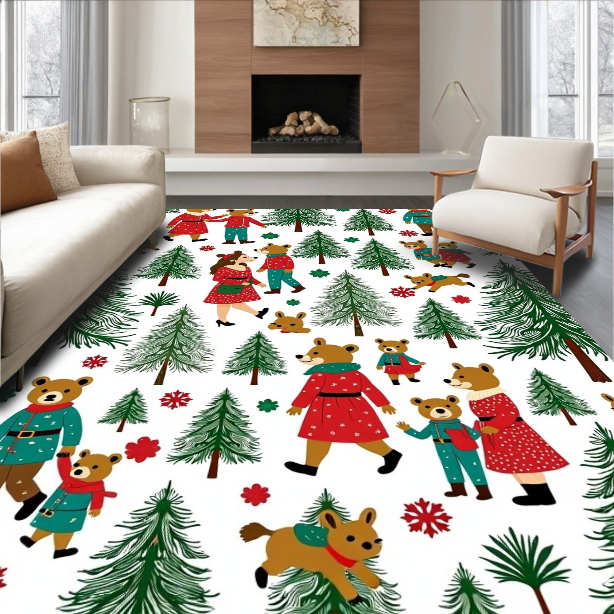 Christmas Bear Family Forest Scene Rug