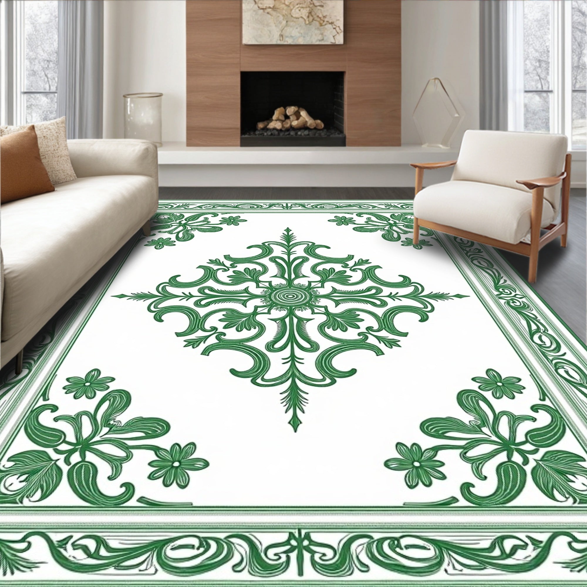 Elegant Green Floral Medallion Border Rug