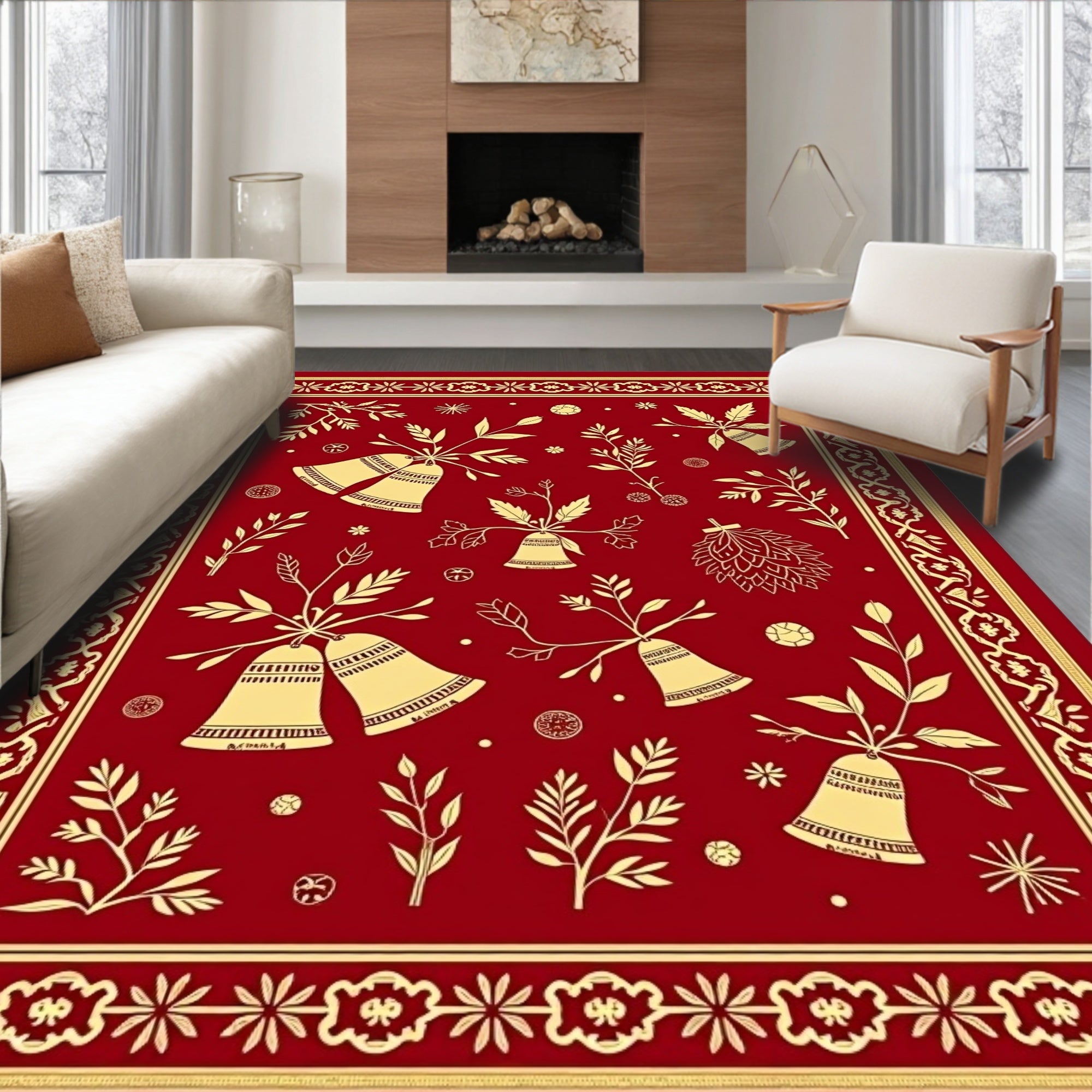 Crimson Gold Bell Botanical Border Rug