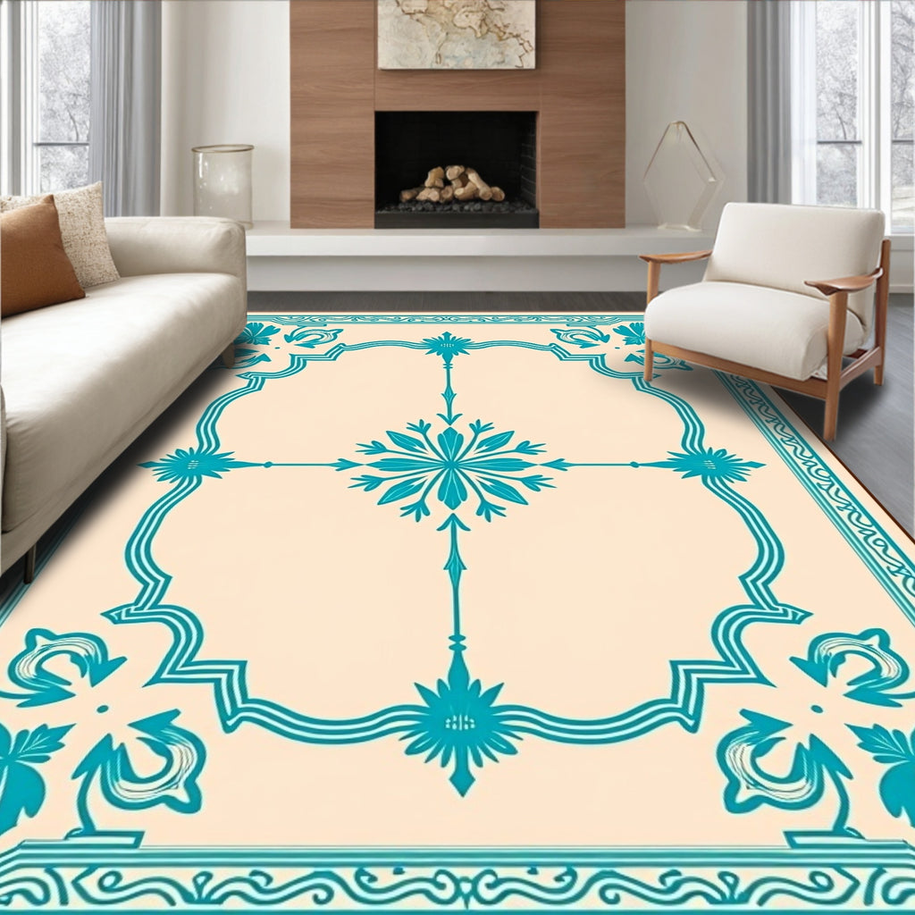 Teal Floral Medallion Cream Border Rug