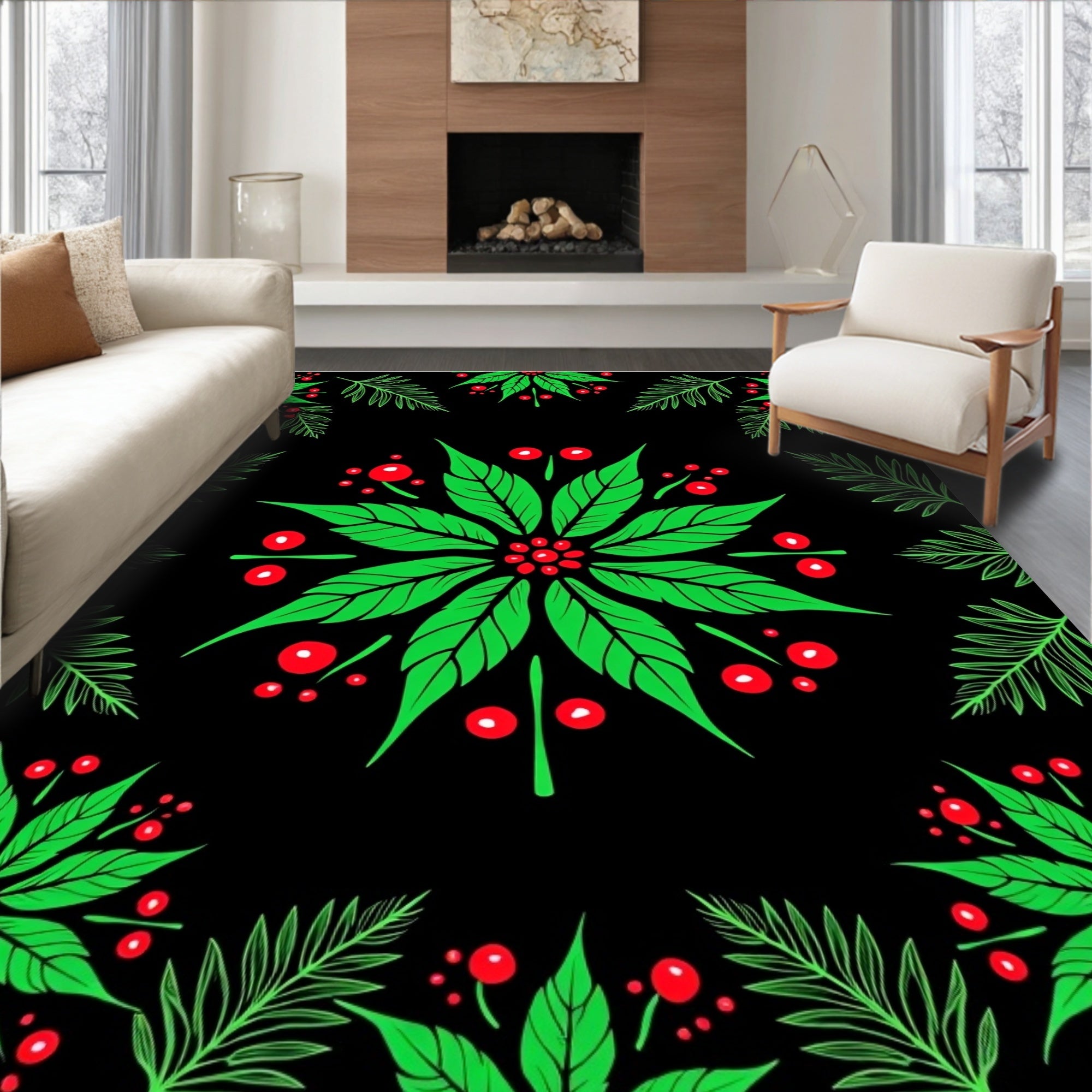 Festive Green Poinsettia Red Berry Rug