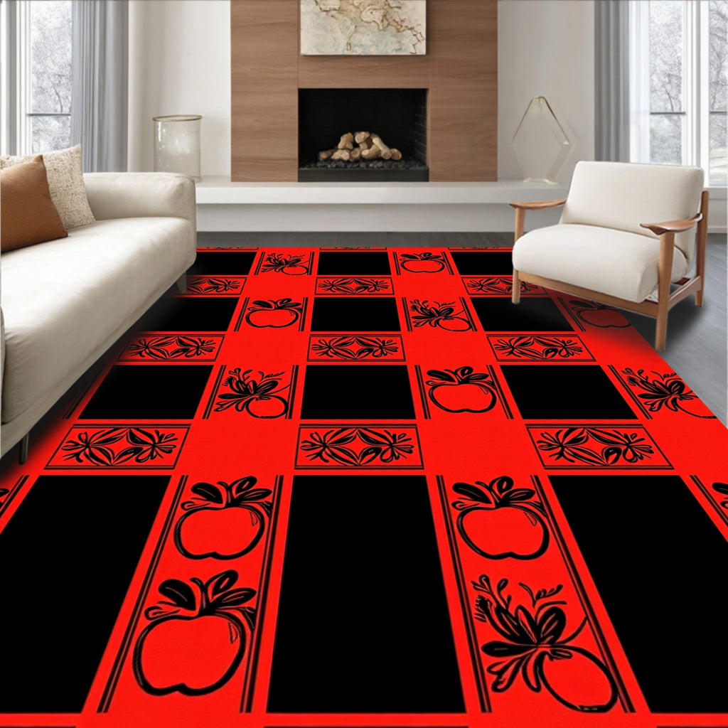 Red Black Checkered Apple Floral Rug