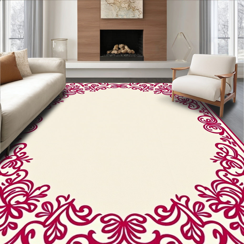 Crimson Floral Vine Border Rug