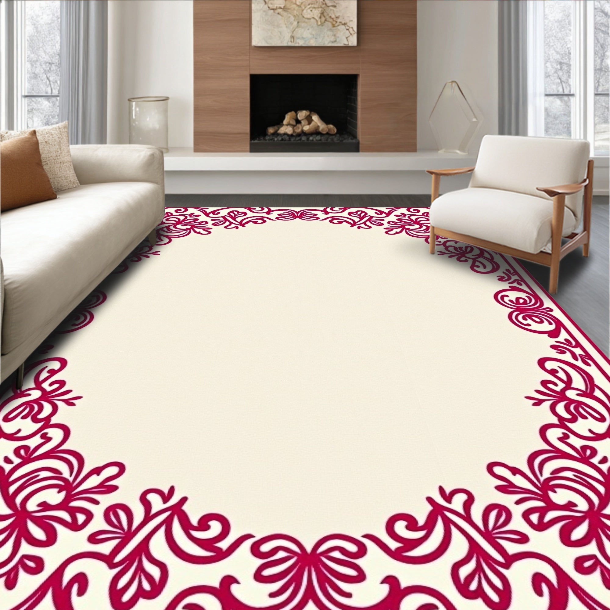 Crimson Floral Vine Border Rug