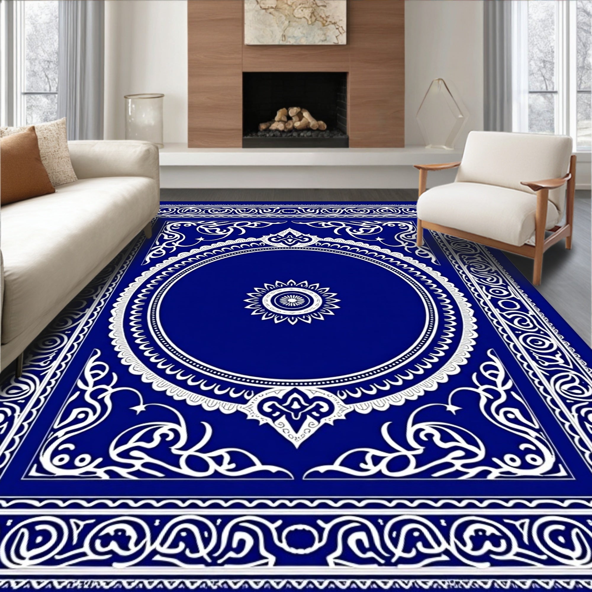 Deep Blue White Floral Medallion Arch Rug