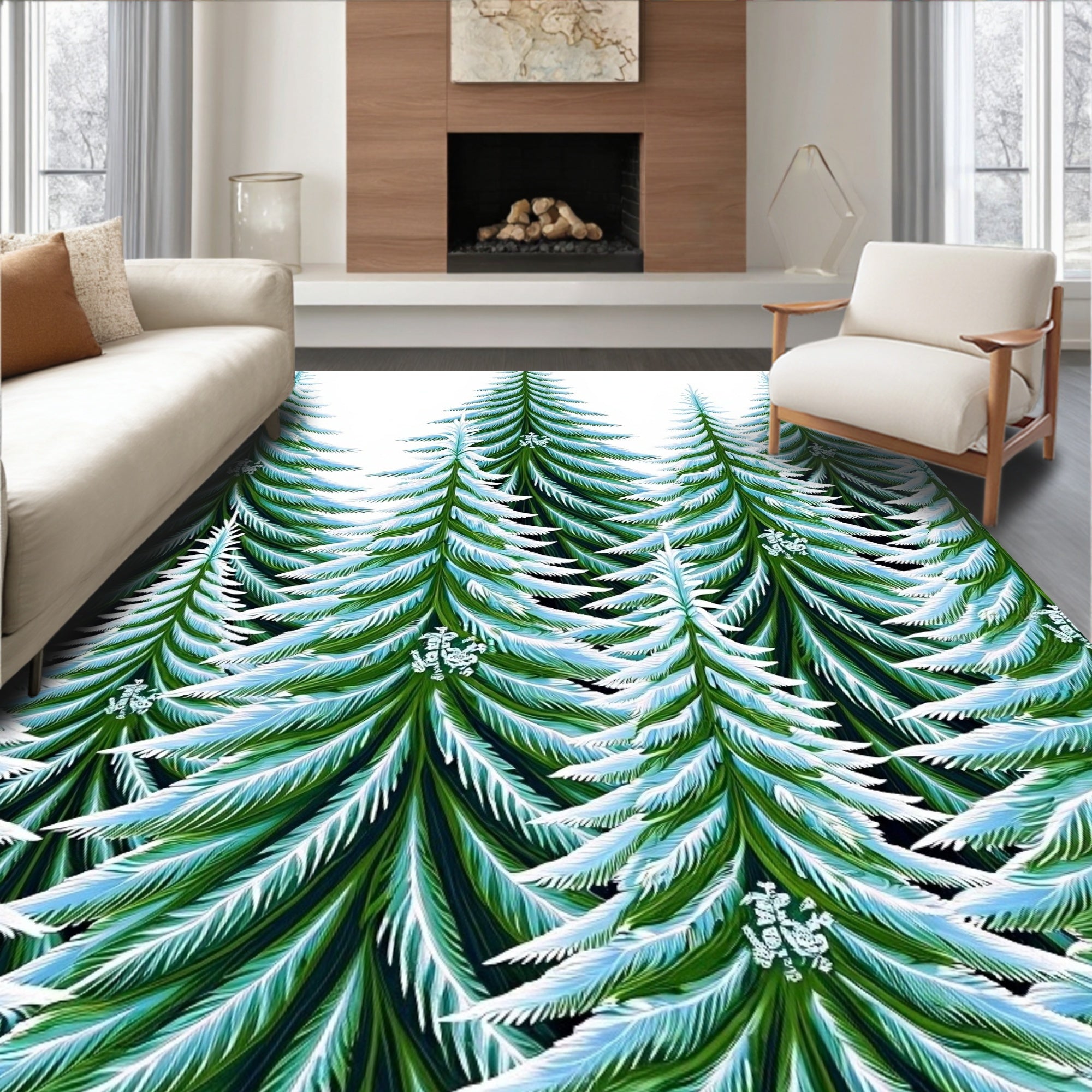 Verdant Pine Trees Snowfall Accents Rug